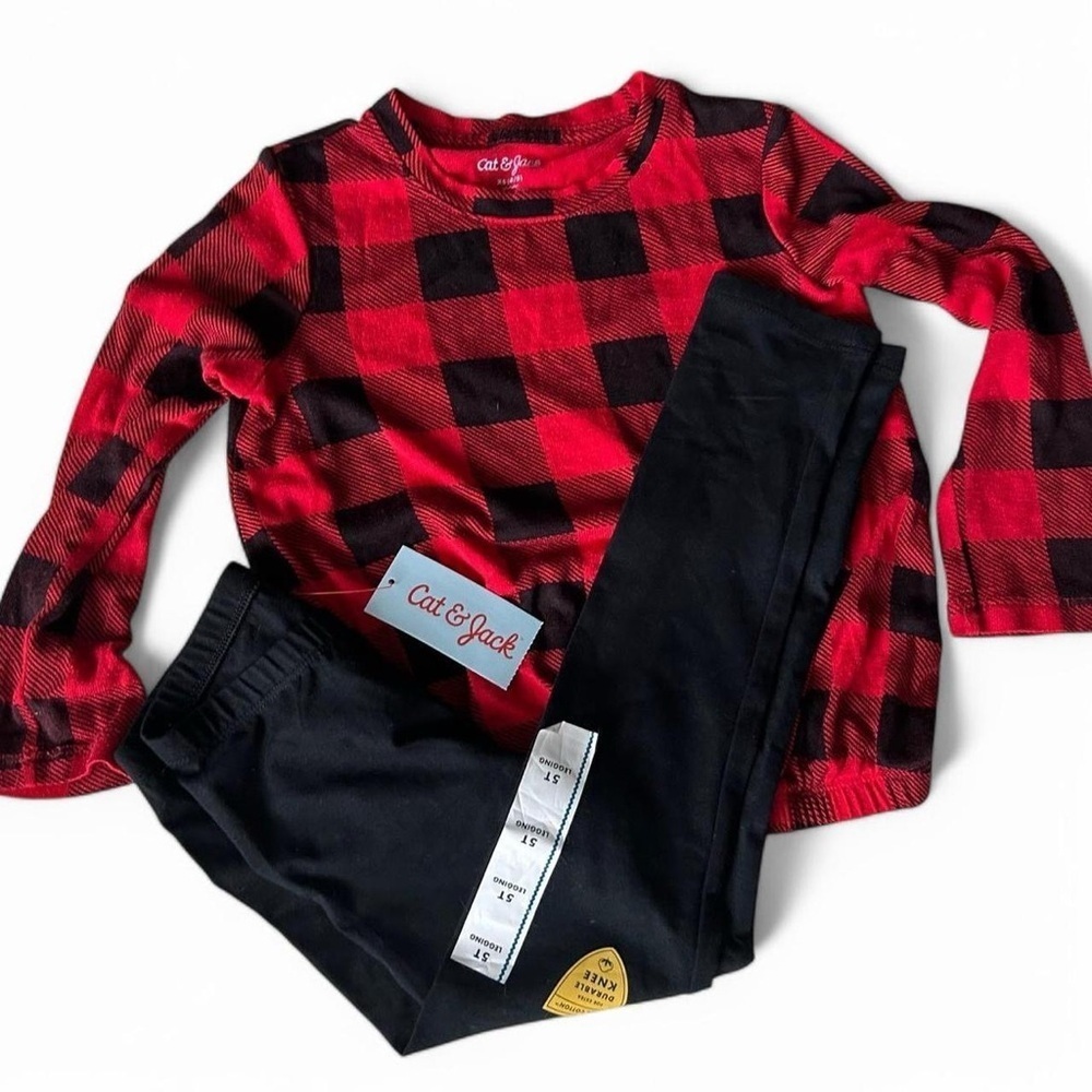 Cat & Jack Girls Red Plaid Sleeve Drawstring Shirt 4/5 & NWT black leggings 5T - Picture 1 of 3